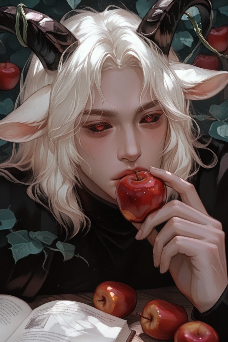 male focus, masterpiece, best quality, absurdres, highres, dark fairy tale, 1boy, solo, goat ears, black sclera, red apple in hand, close-up, thorny vines, storybook aesthetic