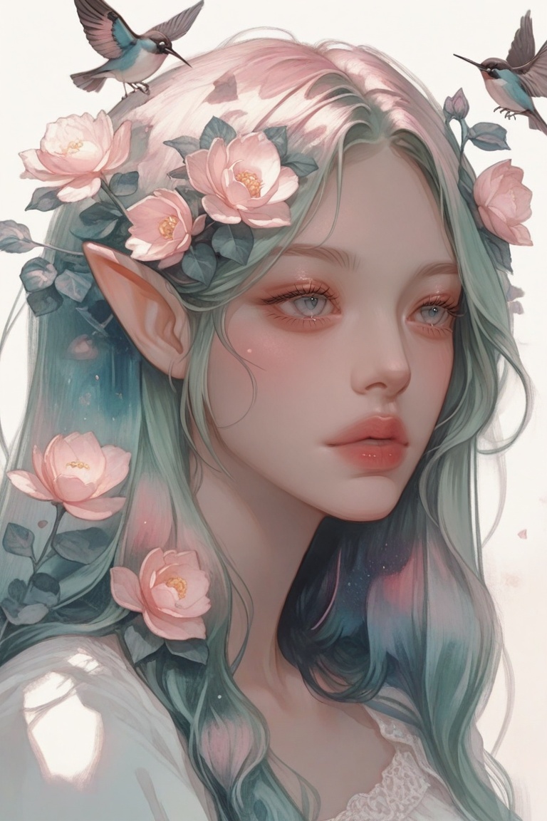 masterpiece, best quality, ultra-detailed, very aesthetic, depth of field, best lighting, detailed illustration, detailed background, beautiful face, beautiful eyes, soft lighting, bloom effect, detailed background, eyelashes, foreshortening, 1girl, standing, pointy ears,silhouette human, negative_color, lots of flowers in hair, clean composition, silhouette of a hummingbird, wings filled with blooming flowers, vibrant watercolor, blending, negative space, inverted colors, lineart, double_exposure, gentle pastel tones, ethereal glow, dreamy aesthetic, soft negative space background, surreal and artistic