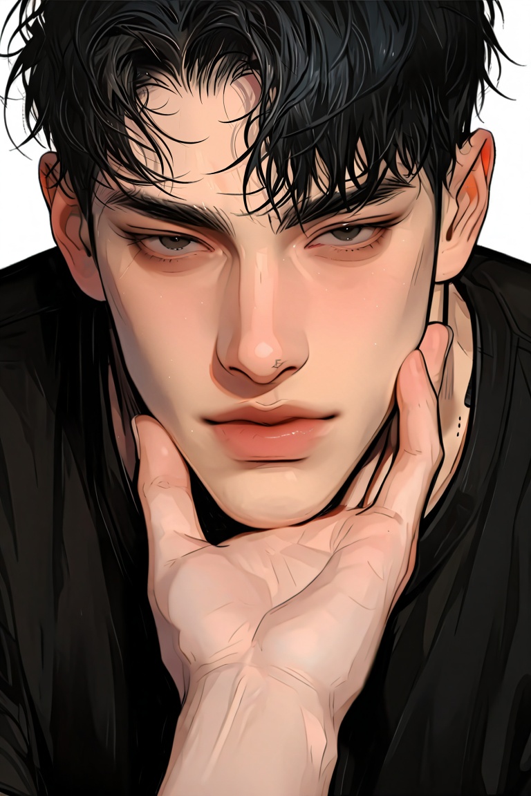 black hair, male focus, 1boy, white background, looking at viewer, solo focus, simple background, black shirt, shirt, short hair, hand on another's chin, bangs, black eyes, hand on another's face, closed mouth, pov