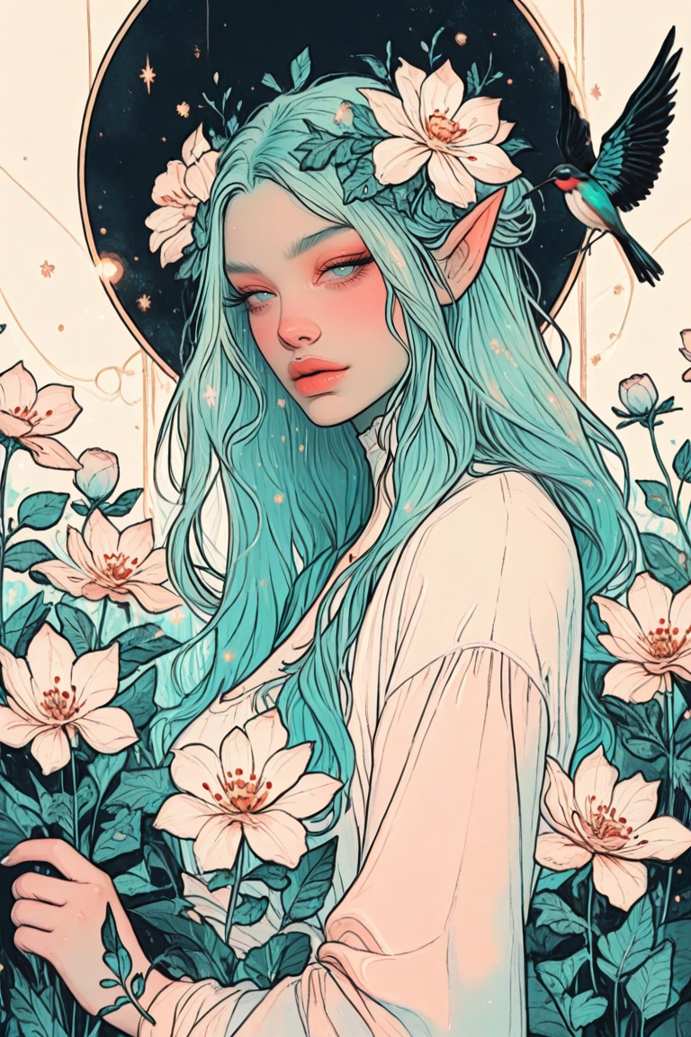 masterpiece, best quality, ultra-detailed, very aesthetic, depth of field, best lighting, detailed illustration, detailed background, beautiful face, beautiful eyes, soft lighting, bloom effect, detailed background, eyelashes, foreshortening, 1girl, standing, pointy ears,silhouette human, negative_color, lots of flowers in hair, clean composition, silhouette of a hummingbird, wings filled with blooming flowers, vibrant watercolor, blending, negative space, inverted colors, lineart, double_exposure, gentle pastel tones, ethereal glow, dreamy aesthetic, soft negative space background, surreal and artistic