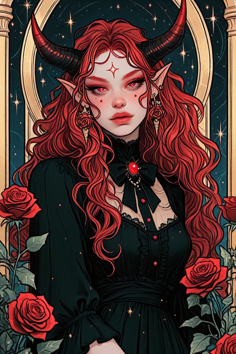 female focus, sparkle, 1girl, long hair, pointy ears, wavy hair, makeup, red hair, third eye, forehead mark, portrait, looking at viewer, white tips hair, starry eyes, eyelashes, lips, shirt, earrings, black dress, dress, flower, red rose, rose, bow, solo, cowboy shot, horns, red flower, red lips, black bow, closed mouth, gradient horns, facial mark, black bowtie, jewelry