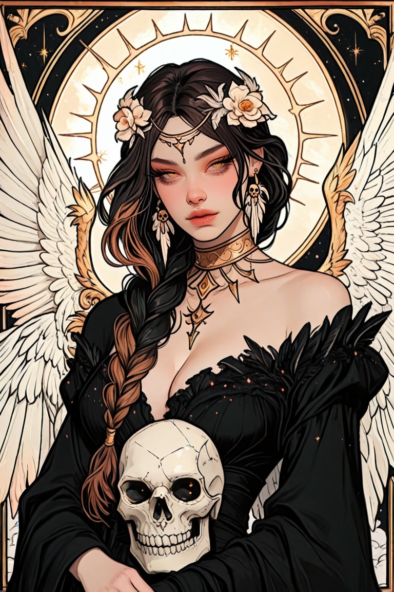 masterpiece, 1girl, wings, long hair, gold eyes, braid, feathered wings, angel wings, black hair, white wings, single braid, brown hair, off shoulder, breasts, cleavage, multicolored hair, eyelashes, parted bangs, multiple wings, bird wings, single wing, dress, earrings, black dress, long sleeves, circlet, hair ornament, flower, angel, solo, facing viewer, upper body, border, skull, halo, jewelry, closed mouth, spread wings, feathers