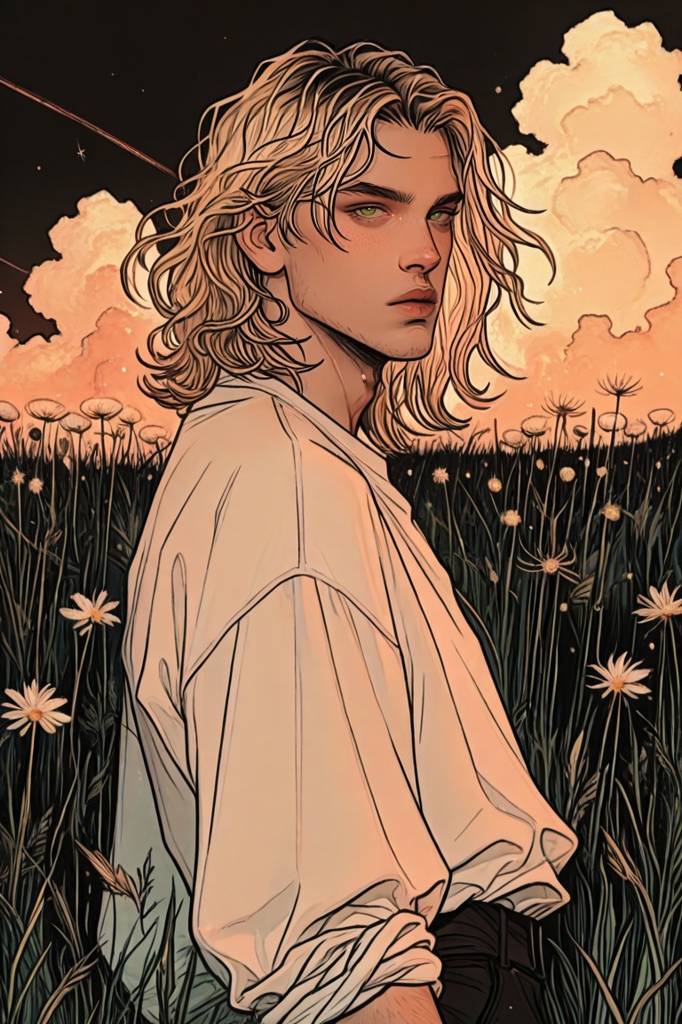 solo, 1boy, dynamic pose, looking at viewer, detailed background, dark theme, red neon, half body, blowing dandelion, blonde hair, medium hair, soft waves, light green eyes, field dandelions, flowers, dandelions, loose white shirt, wild grass field, golden hour, floating dandelion seed