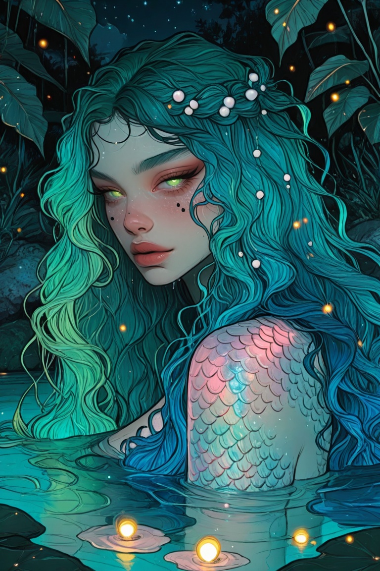 solo, 1girl, mermaid, blue hair, green hair, multicolored hair, wavy hair, long hair, underwater, partially submerged, lagoon, water, starry sky, reflection on water, night, moonlight, looking at viewer, seductive gaze, scales, iridescent scales, fish tail, glowing, pearl hair ornament, beads in hair, droplets on skin, wet skin, detailed skin, fireflies, glowing insects, hovering, mist, soft lighting, dreamy atmosphere, upper body