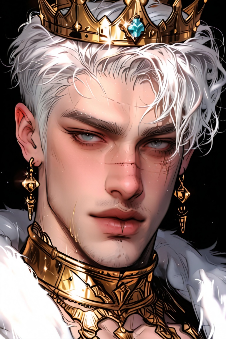 1boy, solo, male focus, jewelry, blue eyes, scar, earrings, crown, scar on face, looking at viewer, portrait, white hair, black background, short hair, gem, closed mouth, gold, realistic, simple background, eyelashes