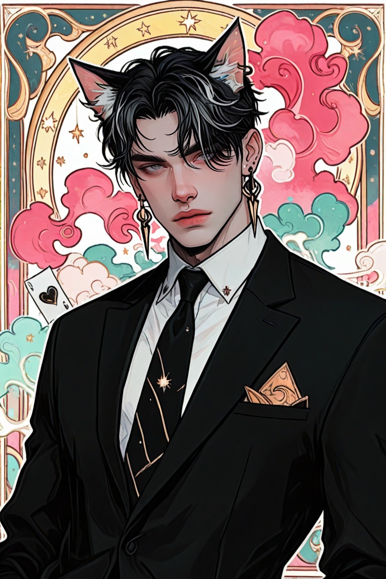 1boy, animal ears, black hair, black jacket, black necktie, cat boy, cat ears, closed mouth, earrings, thick white outline, eyes visible through hair, floating card, colorful theme, vibrant colors, grey eyes, hair over one eye, jacket, jewelry, standing, smoke, rainbow smoke, looking at viewer, male focus, necktie, parted bangs, shirt, short hair, solo, suit jacket, upper body, white shirt