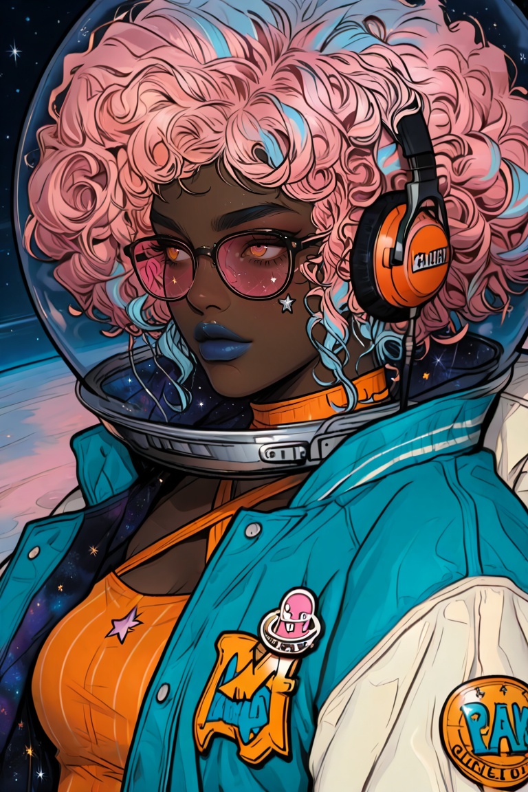 1girl, afro, badge, blue background, blue hair, blue jacket, blue lips, closed mouth, criss cross halter, curly hair, dark skin, fishbowl helmet, glasses, halterneck, headphones, helmet, jacket, letterman jacket, multicolored hair, night, night sky, open clothes, open jacket, orange eyes, orange hair, orange shirt, pin, pink tinted eyewear, pink eyes, pink hair, ringed eyes, shirt, short hair, sky, solo, space, space helmet, star sky, star on cheek, starry sky, streaked hair, striped clothes, striped jacket, tinted eyewear, upper body, very dark skin