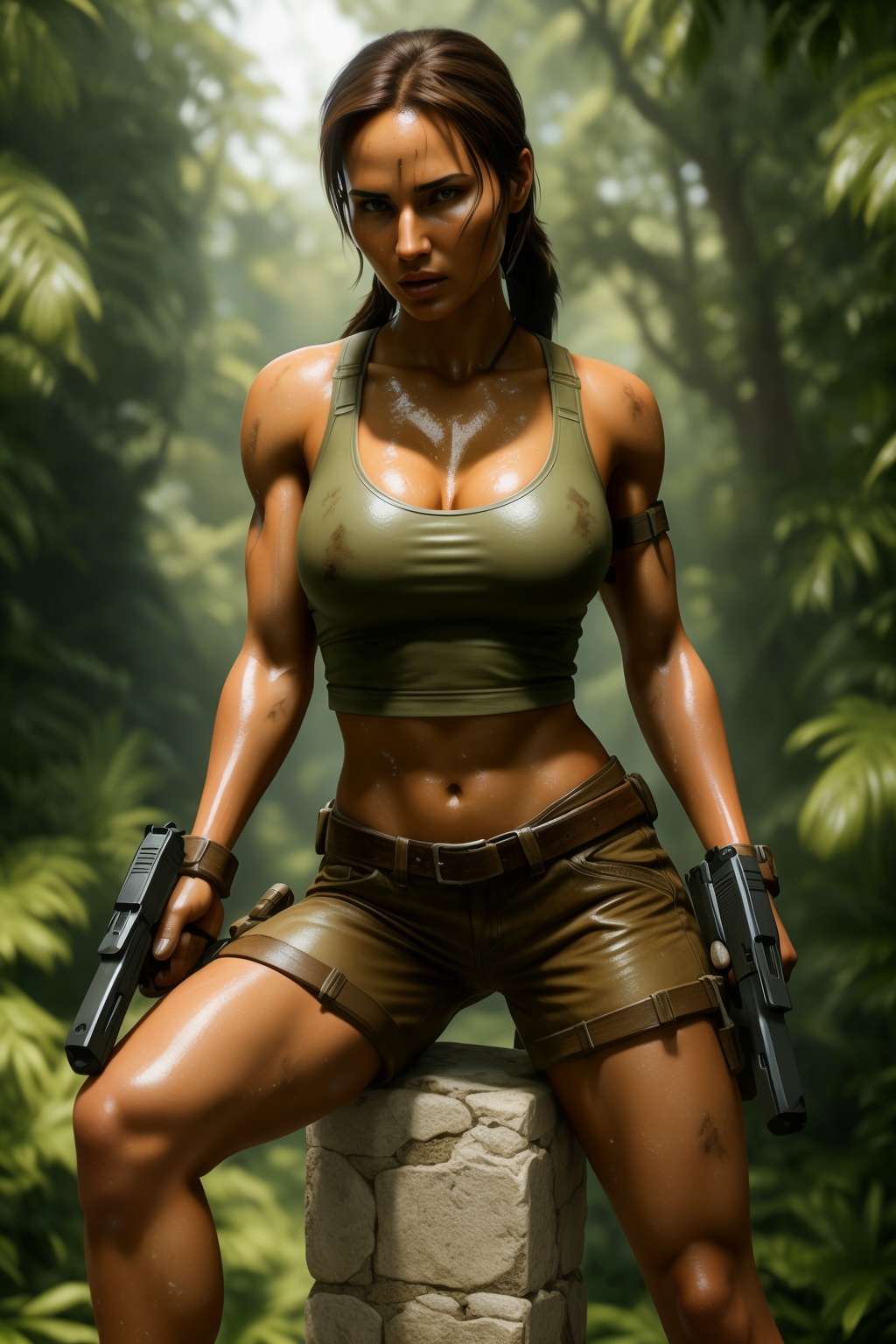 lara croft in her classic olive green **** top and brown combat shorts,  dual wielding matte black pistols,  one foot on a...