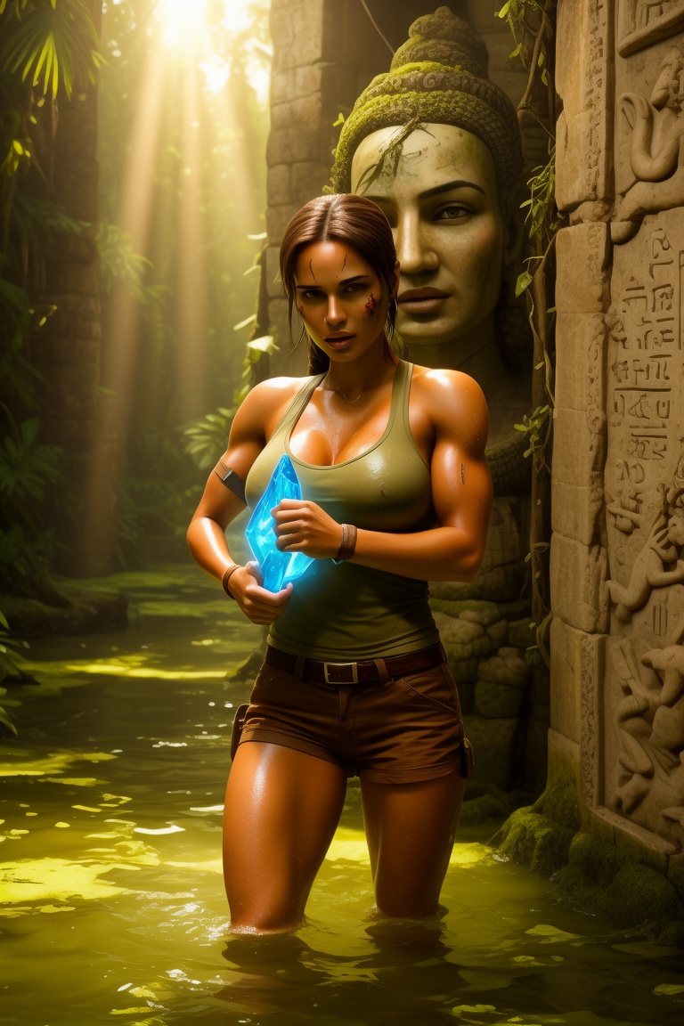 Lara Croft,  in her iconic olive green **** top and brown shorts,  wades knee-deep through the shimmering on Tensor.Art