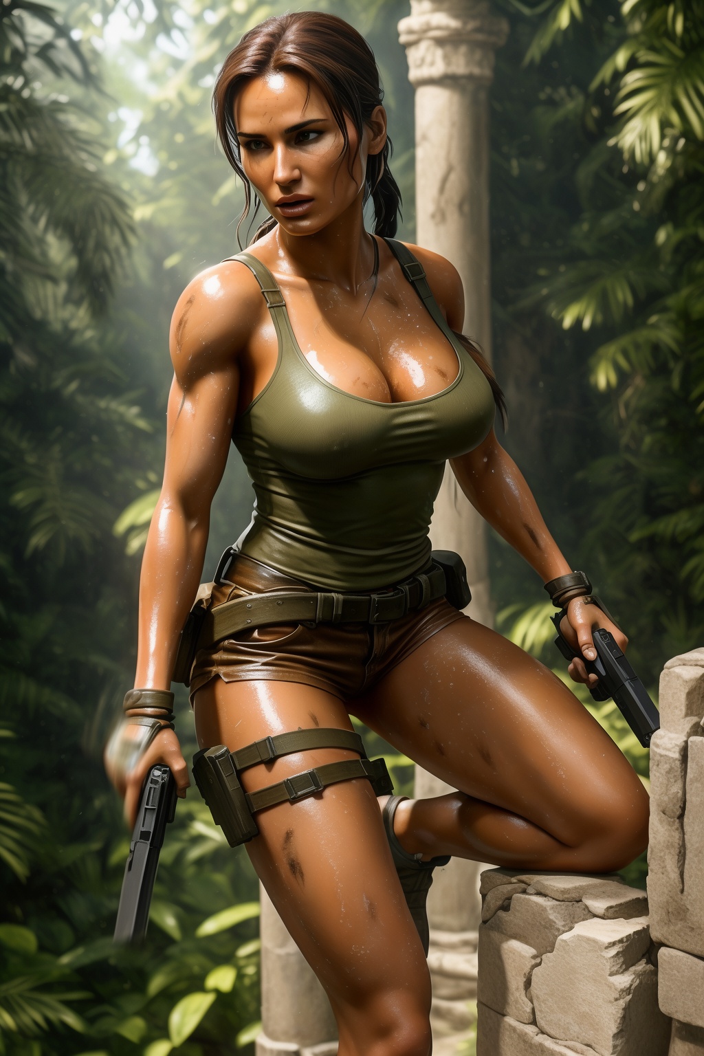 ara croft in her classic olive green **** top and brown combat shorts,  dual wielding matte black pistols,  one foot on a...