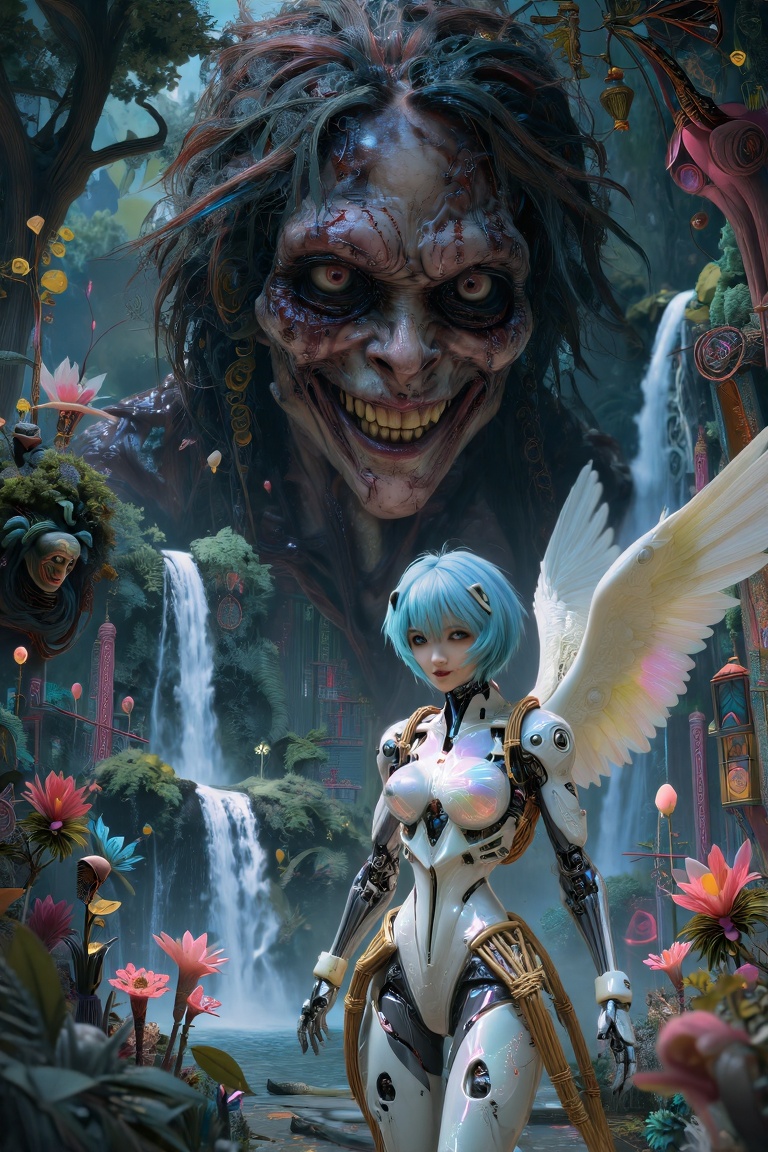 Close-up face: glossy decay,  horror,  a man surrounded by trees and flowers in mountain valley on Tensor.Art