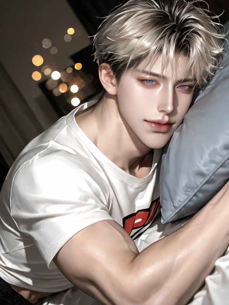 (lying on the bed,  head on the pillow),  close up shot on Tensor.Art