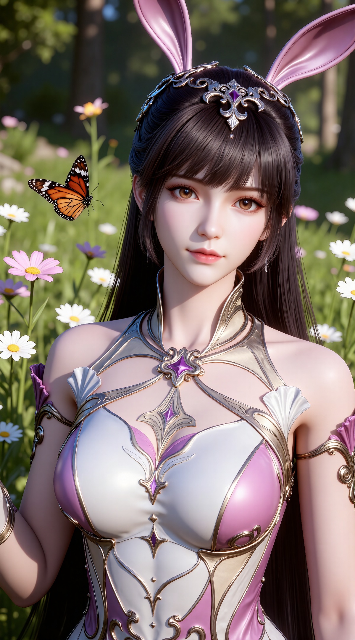 
4K,masterpiece,best quality,very aesthetic,lvjing,
brown hair, long hair, high ponytail, very long hair, brown eyes, hair_ornament, french braid, xiaowu metal collar, xiaowu pink dress, rabbit ears, fake ears, 1girl, solo, flower, upper body, closed mouth, looking at viewer, outdoors, butterfly, grass, bug, medium breasts