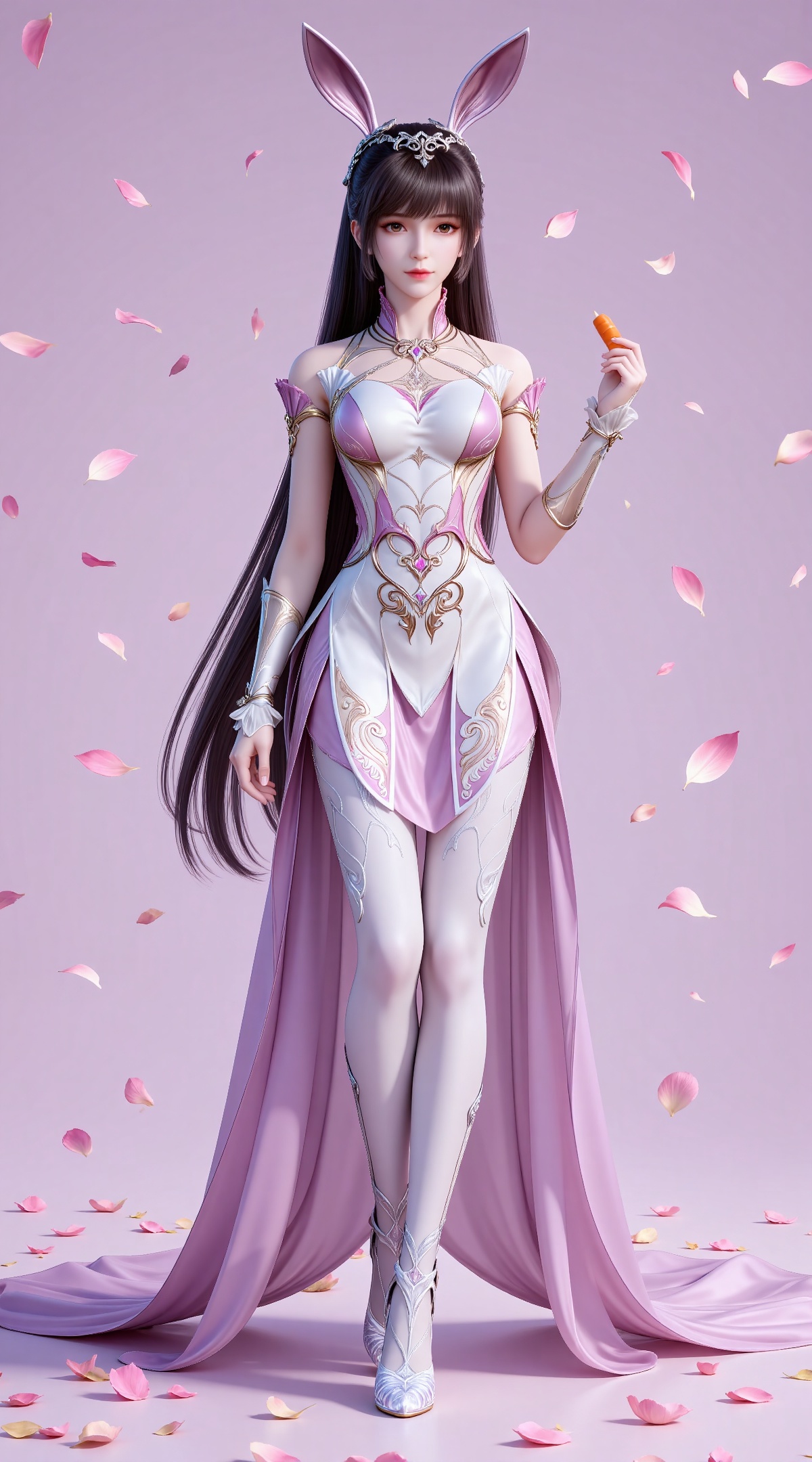 
4K,masterpiece,best quality,very aesthetic,lvjing,
brown hair, long hair, high ponytail, very long hair, brown eyes, hair_ornament, french braid, xiaowu metal collar, xiaowu pink dress, rabbit ears, fake ears, xiaowu white pantyhose, xiaowu white fingerless gloves, xiaowu crystal high heels, 1girl, solo, petals, falling petals, full body, carrot, holding, closed mouth