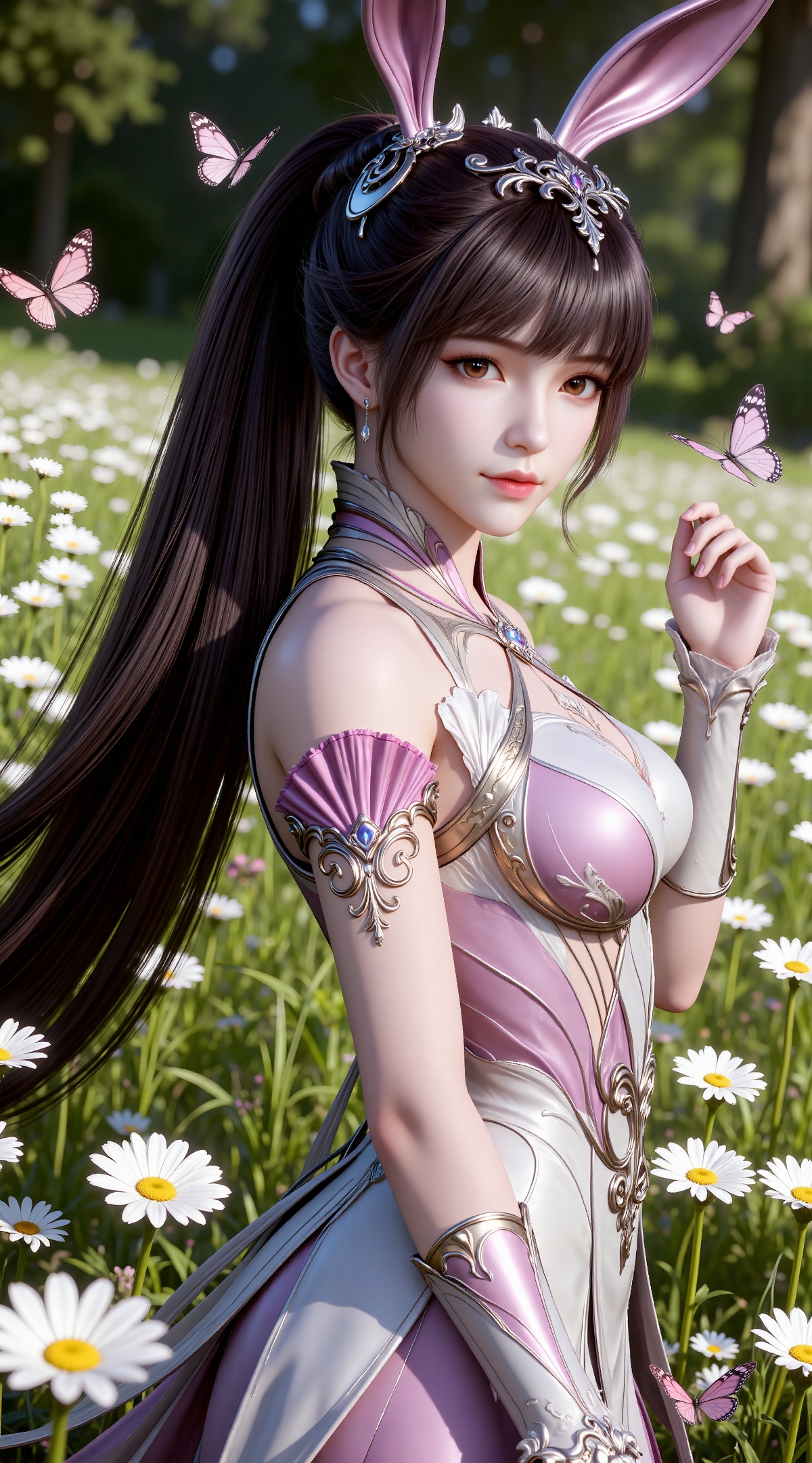 
4K,masterpiece,best quality,very aesthetic,lvjing,
brown hair, long hair, high ponytail, very long hair, brown eyes, hair_ornament, from side,hand up,french braid, xiaowu metal collar, xiaowu pink dress, rabbit ears, fake ears, 1girl, solo, flower, upper body, closed mouth, looking at viewer, outdoors, butterfly, grass, bug, medium breasts