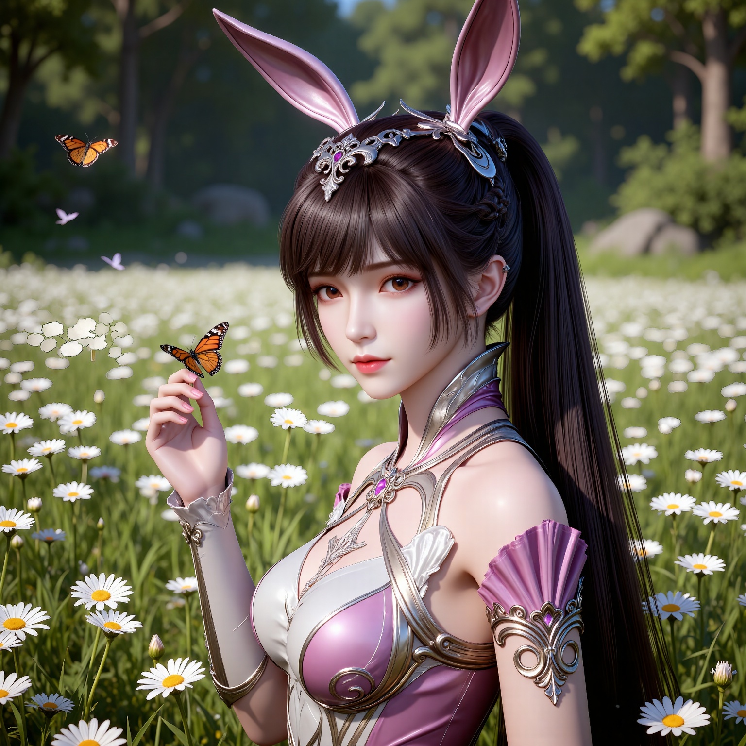 
4K,masterpiece,best quality,very aesthetic,lvjing,
brown hair, long hair, high ponytail, very long hair, brown eyes, hair_ornament, from side,hand up,french braid, xiaowu metal collar, xiaowu pink dress, rabbit ears, fake ears, 1girl, solo, flower, upper body, closed mouth, looking at viewer, outdoors, butterfly, grass, bug, medium breasts