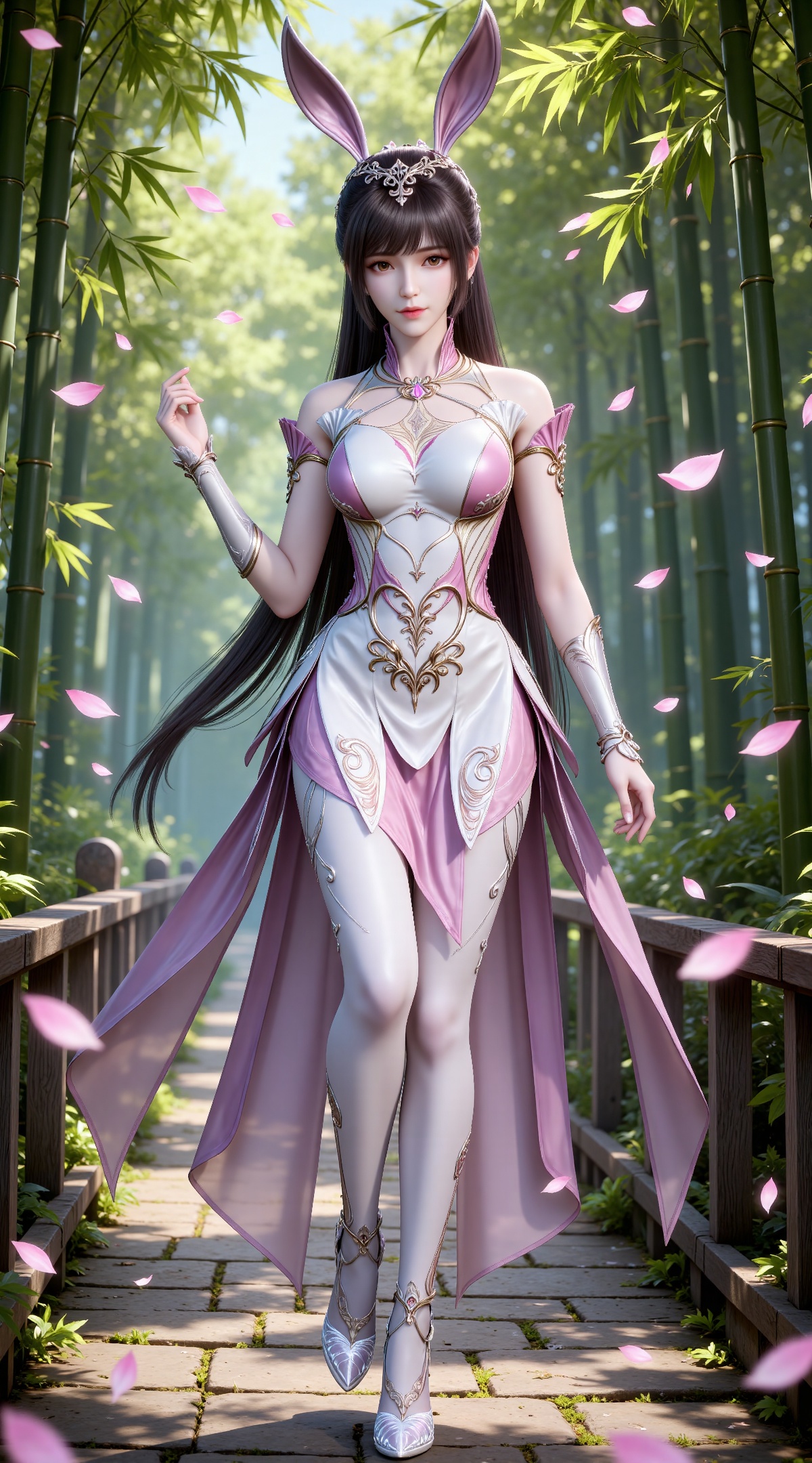 
4K,masterpiece,best quality,very aesthetic,lvjing,
brown hair, long hair,ponytail, high ponytail, very long hair, brown eyes, hair_ornament, french braid, xiaowu metal collar,hand up, xiaowu pink dress, rabbit ears, fake ears,legs,long legs,white pantyhose, xiaowu white pantyhose, xiaowu white fingerless gloves, xiaowu crystal high heels, 1girl,,solo, petals, falling petals, full body,closed mouth,nature,bamboo,standing on one legs,