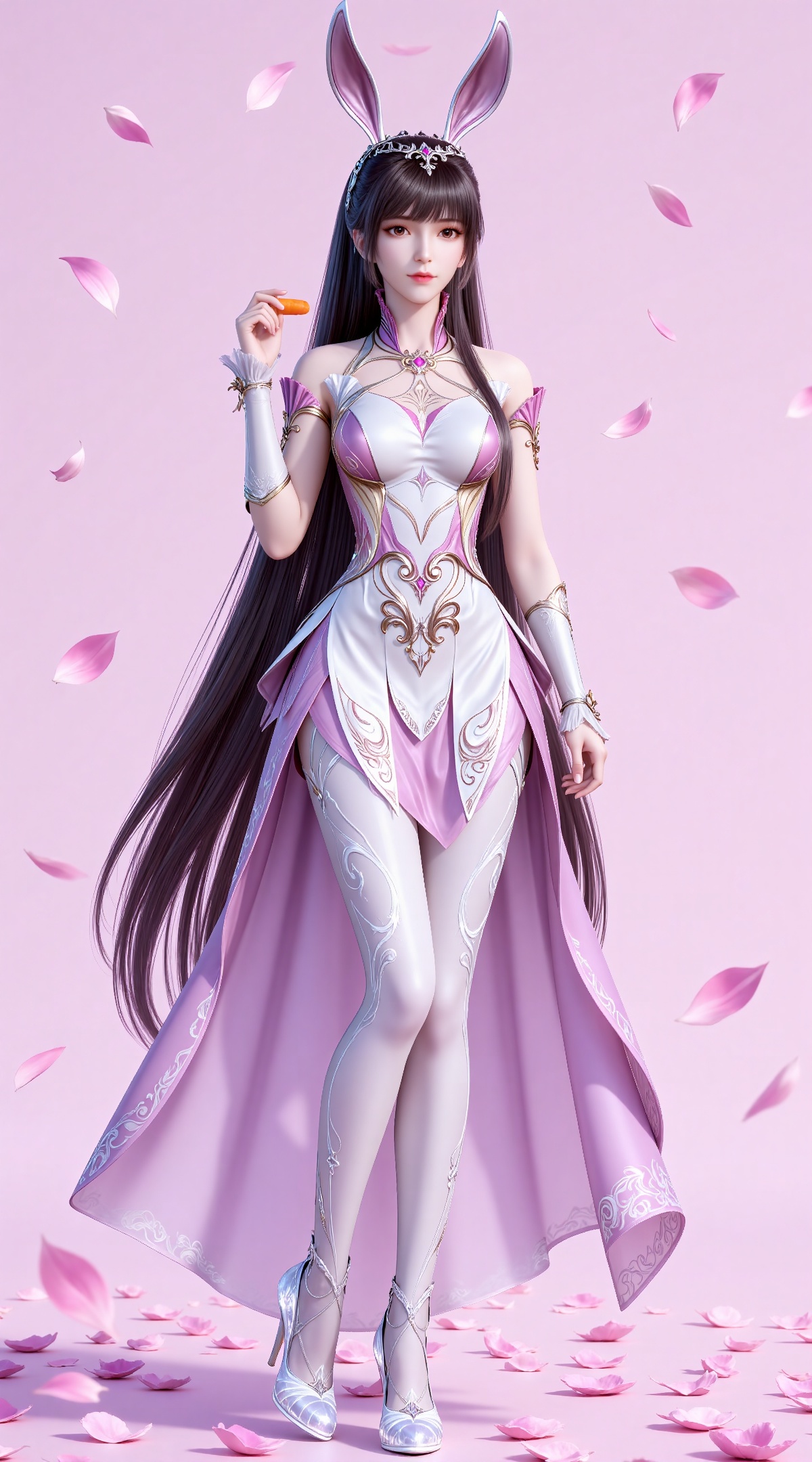 
4K,masterpiece,best quality,very aesthetic,lvjing,
brown hair, long hair, high ponytail, very long hair, brown eyes, hair_ornament, french braid, xiaowu metal collar, xiaowu pink dress, rabbit ears, fake ears, xiaowu white pantyhose, xiaowu white fingerless gloves, xiaowu crystal high heels, 1girl, solo, petals, falling petals, full body, carrot, holding, closed mouth