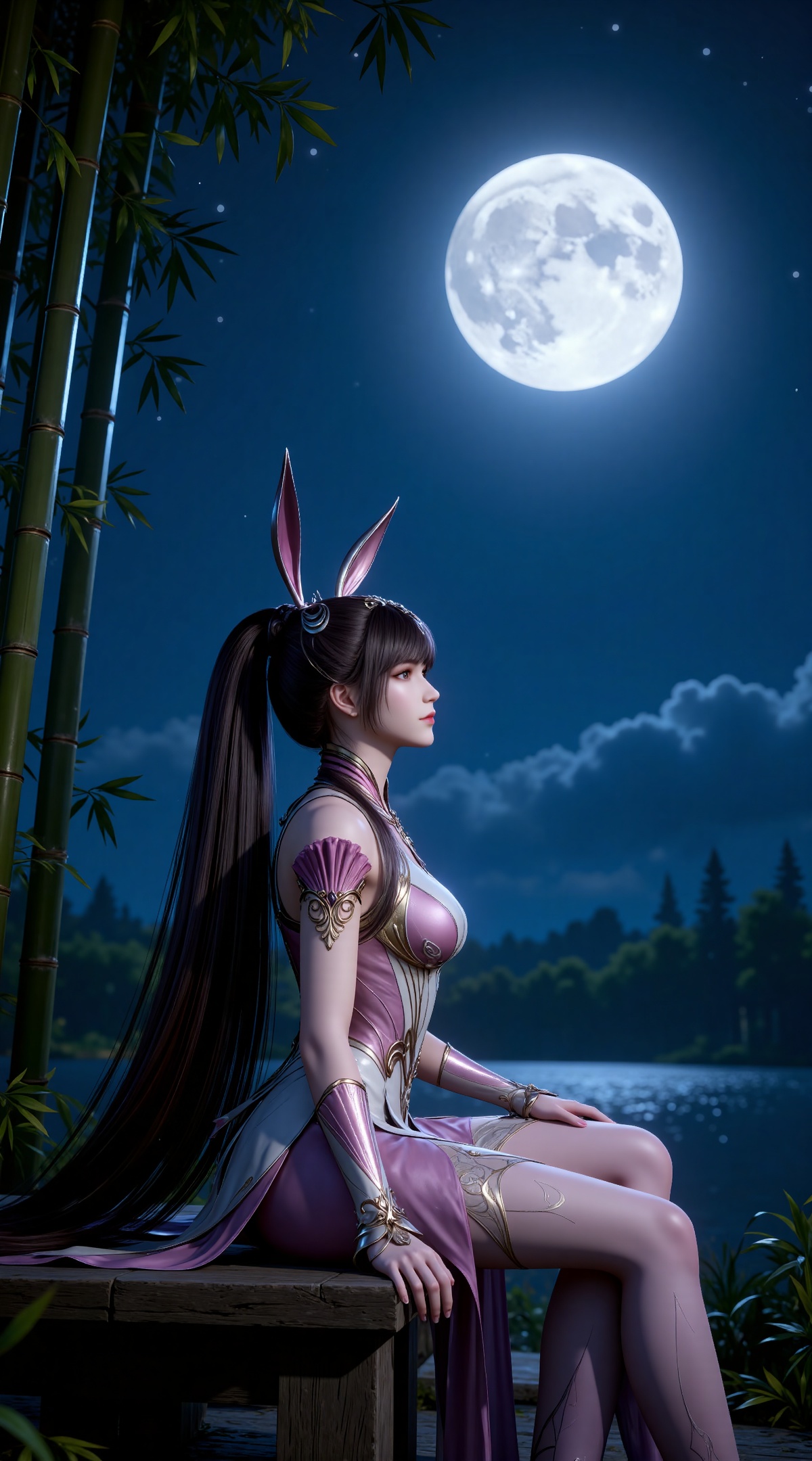 
4K,masterpiece,best quality,very aesthetic,lvjing,
brown hair, long hair, high ponytail, very long hair, brown eyes, hair_ornament, french braid, xiaowu metal collar, xiaowu pink dress, rabbit ears, fake ears, 1girl, moon, bamboo, night, solo, sitting, bamboo forest, sky, full moon, from side, night sky, looking up, forest, outdoors, closed mouth, nature, very long hair
