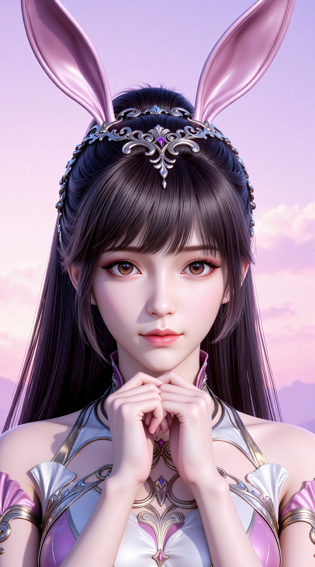 
4K,masterpiece,best quality,very aesthetic,lvjing,
brown hair, long hair, high ponytail, very long hair, brown eyes, hair_ornament,french braid, xiaowu metal collar, xiaowu pink dress, rabbit ears, fake ears, xiaowu,a beautiful portrait,a beautiful girl with both hands on the chin,show a shallow smile,pink_theme,the background is dreamy sky,long horsetail,rabbit ears headwear,long black hair,brown eyes,lvjing,cover,simple background,gradient background,close-up details,outstanding style,(baoshi),adding a touch of dimension to your images without compromising details,close-up,