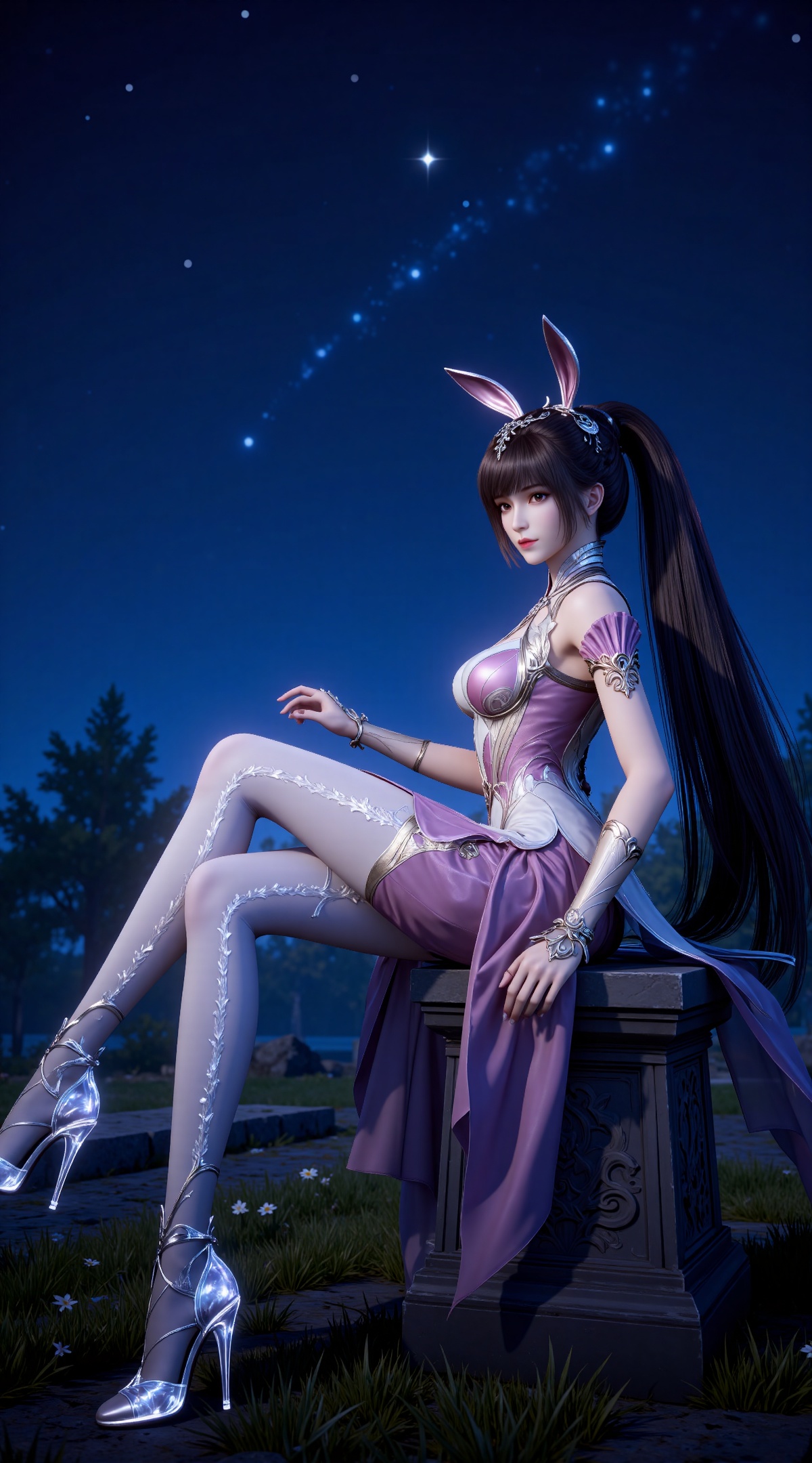 
4K,masterpiece,best quality,very aesthetic,lvjing,
brown hair, long hair, high ponytail, very long hair, brown eyes, hair_ornament, french braid, xiaowu metal collar, xiaowu pink dress, rabbit ears, fake ears, xiaowu white pantyhose, xiaowu white fingerless gloves, xiaowu crystal high heels, 1girl, solo, night, sitting, sky, night sky, from side, full body, closed mouth, grass, star \(sky\),looking at viewer,crossed legs