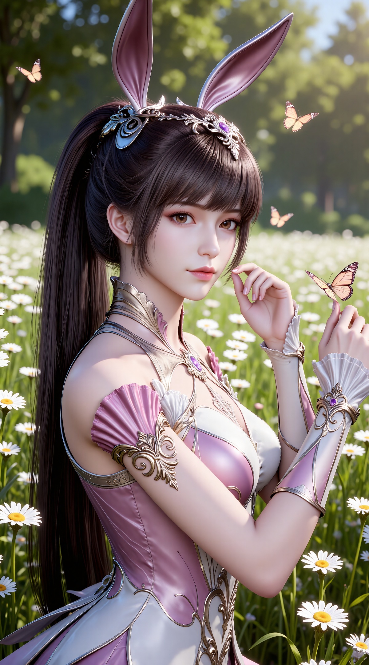 
4K,masterpiece,best quality,very aesthetic,lvjing,
brown hair, long hair, high ponytail, very long hair, brown eyes, hair_ornament, from side,hand up,french braid, xiaowu metal collar, xiaowu pink dress, rabbit ears, fake ears, 1girl, solo, flower, upper body, closed mouth, looking at viewer, outdoors, butterfly, grass, bug, medium breasts