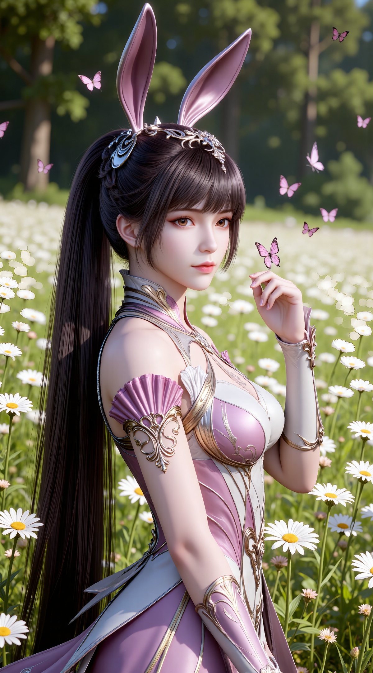 
4K,masterpiece,best quality,very aesthetic,lvjing,
brown hair, long hair, high ponytail, very long hair, brown eyes, hair_ornament, from side,hand up,french braid, xiaowu metal collar, xiaowu pink dress, rabbit ears, fake ears, 1girl, solo, flower, upper body, closed mouth, looking at viewer, outdoors, butterfly, grass, bug, medium breasts