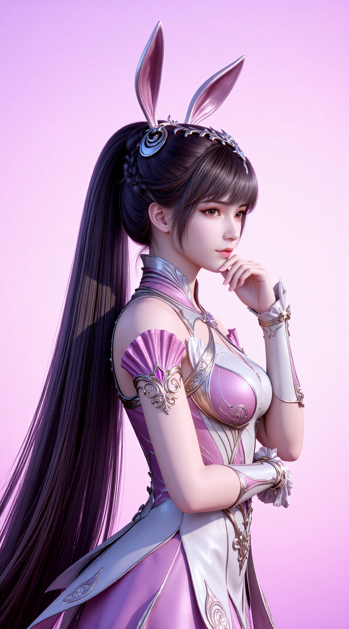 
4K,masterpiece,best quality,very aesthetic,lvjing,
brown hair, long hair, high ponytail, very long hair, brown eyes, hair_ornament, from side,hand up,french braid, xiaowu metal collar, xiaowu pink dress, rabbit ears, fake ears, xiaowu,a beautiful portrait,a beautiful girl with both hands on the chin,show a shallow smile,pink_theme,the background is dreamy sky,long horsetail,rabbit ears headwear,long black hair,brown eyes,lvjing,cover,simple background,gradient background,close-up details,outstanding style,(baoshi),adding a touch of dimension to your images without compromising details,close-up,