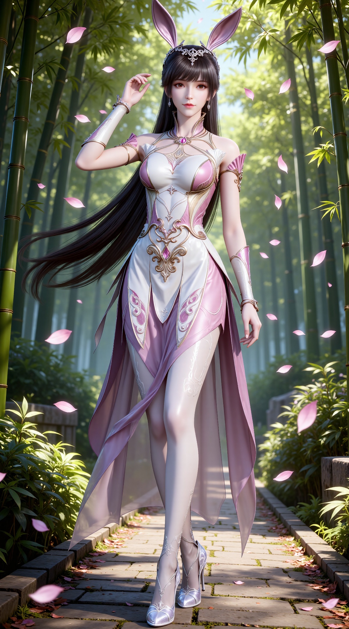 
4K,masterpiece,best quality,very aesthetic,lvjing,
brown hair, long hair, high ponytail, very long hair, brown eyes, hair_ornament, french braid, xiaowu metal collar, xiaowu pink dress, rabbit ears, fake ears, xiaowu white pantyhose, xiaowu white fingerless gloves, xiaowu crystal high heels, 1girl, solo, petals, falling petals, full body,closed mouth,nature,bamboo