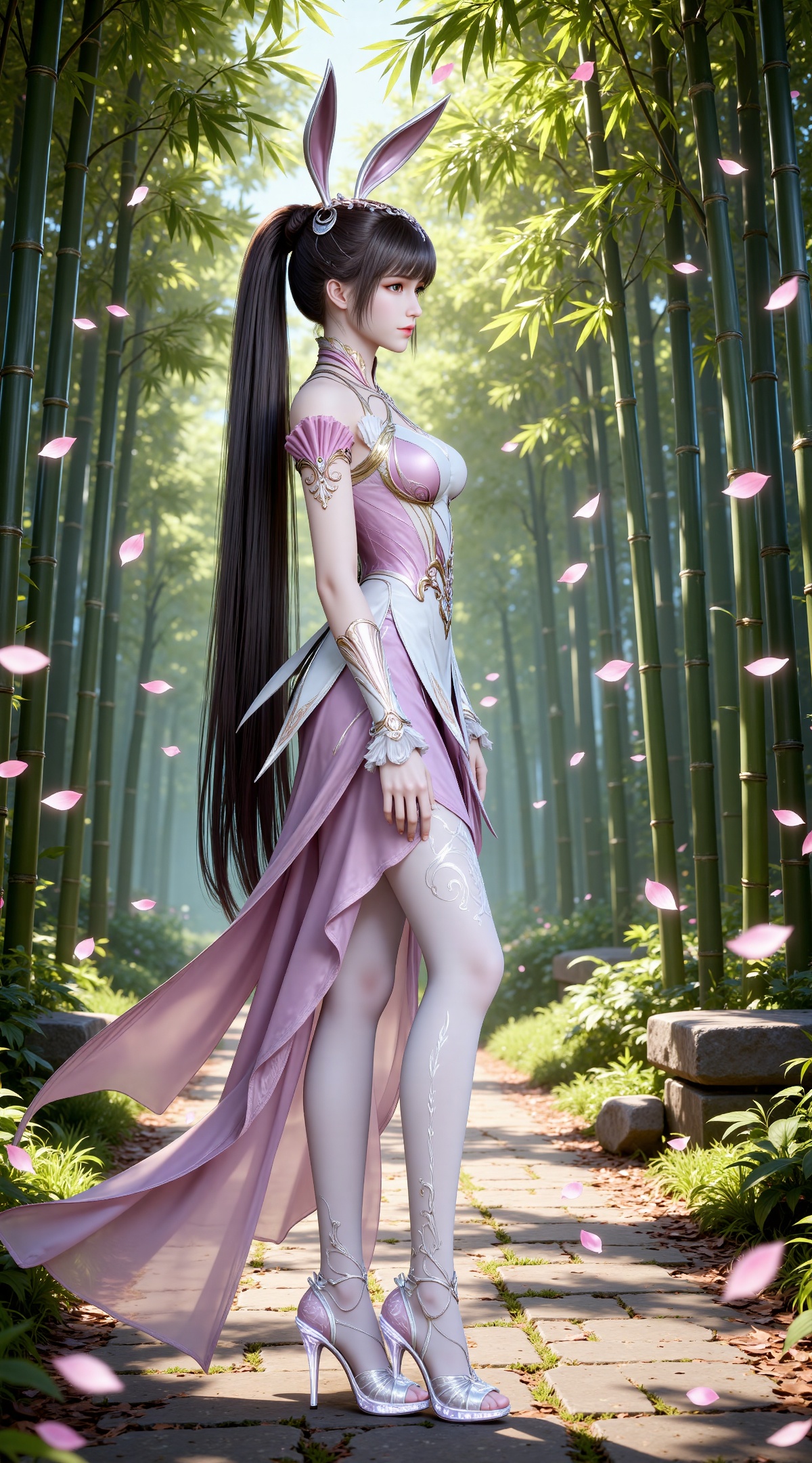 
4K,masterpiece,best quality,very aesthetic,lvjing,
brown hair, long hair,ponytail, high ponytail, very long hair, brown eyes, hair_ornament, french braid, xiaowu metal collar, xiaowu pink dress, rabbit ears, fake ears,legs,long legs,white pantyhose, xiaowu white pantyhose, xiaowu white fingerless gloves, xiaowu crystal high heels, 1girl, from side,solo, petals, falling petals, full body,closed mouth,nature,bamboo