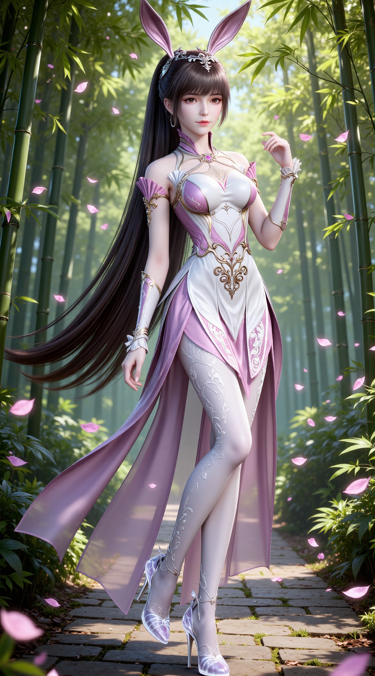 
4K,masterpiece,best quality,very aesthetic,lvjing,
brown hair, long hair,ponytail, high ponytail, very long hair, brown eyes, hair_ornament, french braid, xiaowu metal collar,hand up, xiaowu pink dress, rabbit ears, fake ears,legs,long legs,white pantyhose, xiaowu white pantyhose, xiaowu white fingerless gloves, xiaowu crystal high heels, 1girl,,solo, petals, falling petals, full body,closed mouth,nature,bamboo,standing,leg up,