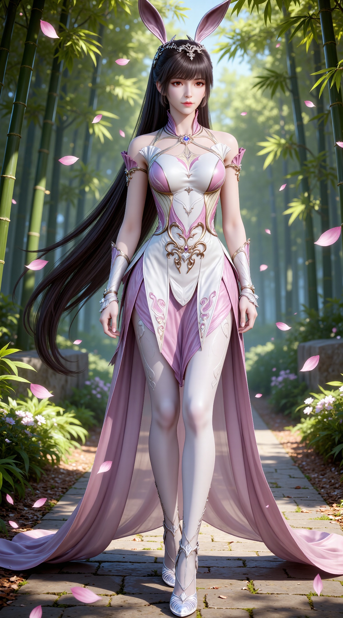 
4K,masterpiece,best quality,very aesthetic,lvjing,
brown hair, long hair, high ponytail, very long hair, brown eyes, hair_ornament, french braid, xiaowu metal collar, xiaowu pink dress, rabbit ears, fake ears,white pantyhose, xiaowu white pantyhose, xiaowu white fingerless gloves, xiaowu crystal high heels, 1girl, solo, petals, falling petals, full body,closed mouth,nature,bamboo