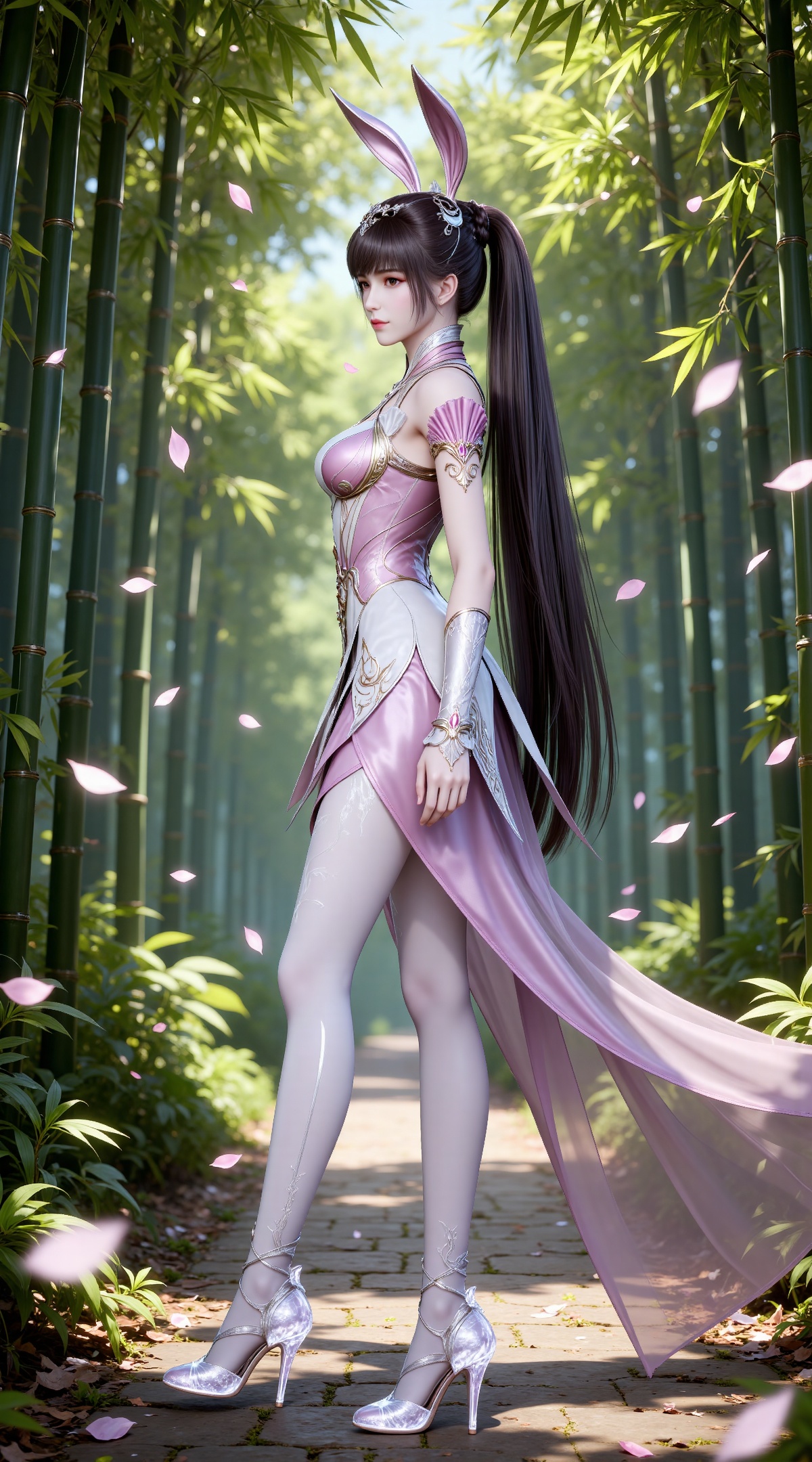 
4K,masterpiece,best quality,very aesthetic,lvjing,
brown hair, long hair,ponytail, high ponytail, very long hair, brown eyes, hair_ornament, french braid, xiaowu metal collar, xiaowu pink dress, rabbit ears, fake ears,white pantyhose, xiaowu white pantyhose, xiaowu white fingerless gloves, xiaowu crystal high heels, 1girl, from side,solo, petals, falling petals, full body,closed mouth,nature,bamboo