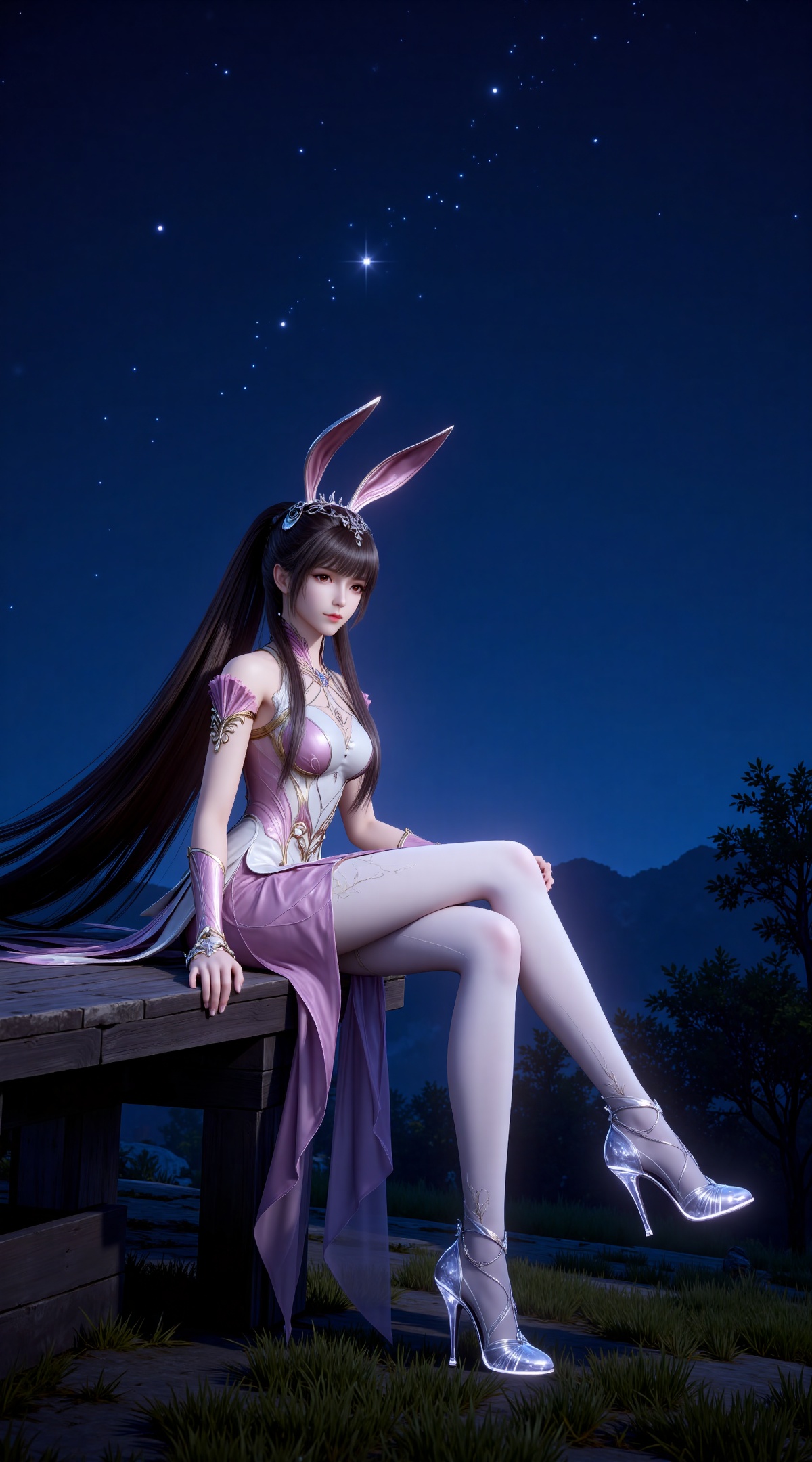 
4K,masterpiece,best quality,very aesthetic,lvjing,
brown hair, long hair, high ponytail, very long hair, brown eyes, hair_ornament, french braid, xiaowu metal collar, xiaowu pink dress, rabbit ears, fake ears, xiaowu white pantyhose, xiaowu white fingerless gloves, xiaowu crystal high heels, 1girl, solo, night, sitting, sky, night sky, from side, full body, closed mouth, grass, star \(sky\),looking at viewer,crossed legs