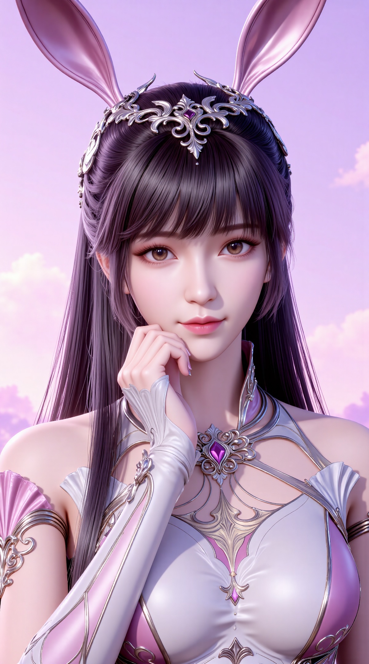 
4K,masterpiece,best quality,very aesthetic,lvjing,
brown hair, long hair, high ponytail, very long hair, brown eyes, hair_ornament,french braid, xiaowu metal collar, xiaowu pink dress, rabbit ears, fake ears, xiaowu,a beautiful portrait,a beautiful girl with both hands on the chin,show a shallow smile,pink_theme,the background is dreamy sky,long horsetail,rabbit ears headwear,long black hair,brown eyes,lvjing,cover,simple background,gradient background,close-up details,outstanding style,(baoshi),adding a touch of dimension to your images without compromising details,close-up,