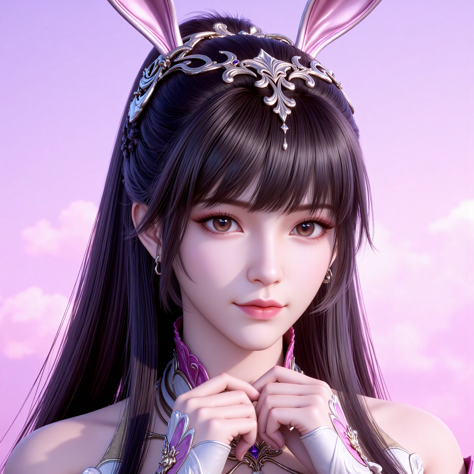 
4K,masterpiece,best quality,very aesthetic,lvjing,
brown hair, long hair, high ponytail, very long hair, brown eyes, hair_ornament,french braid, xiaowu metal collar, xiaowu pink dress, rabbit ears, fake ears, xiaowu,a beautiful portrait,a beautiful girl with both hands on the chin,show a shallow smile,pink_theme,the background is dreamy sky,long horsetail,rabbit ears headwear,long black hair,brown eyes,lvjing,cover,simple background,gradient background,close-up details,outstanding style,(baoshi),adding a touch of dimension to your images without compromising details,close-up,