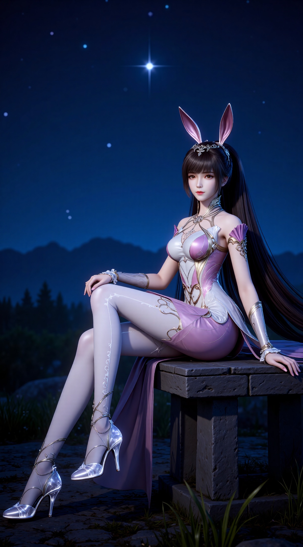 
4K,masterpiece,best quality,very aesthetic,lvjing,
brown hair, long hair, high ponytail, very long hair, brown eyes, hair_ornament, french braid, xiaowu metal collar, xiaowu pink dress, rabbit ears, fake ears, xiaowu white pantyhose, xiaowu white fingerless gloves, xiaowu crystal high heels, 1girl, solo, night, sitting, sky, night sky, from side, full body, closed mouth, grass, star \(sky\),looking at viewer
