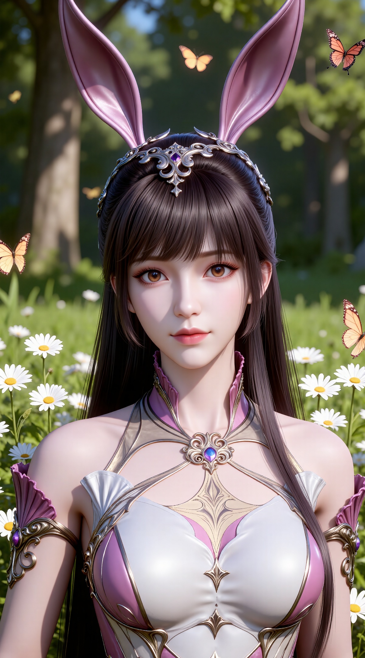 
4K,masterpiece,best quality,very aesthetic,lvjing,
brown hair, long hair, high ponytail, very long hair, brown eyes, hair_ornament, french braid, xiaowu metal collar, xiaowu pink dress, rabbit ears, fake ears, 1girl, solo, flower, upper body, closed mouth, looking at viewer, outdoors, butterfly, grass, bug, medium breasts
