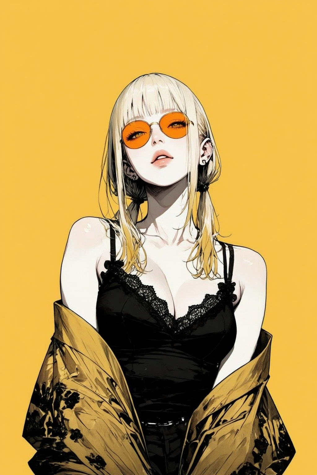 nijiwatercolor6z illustration. A woman with long,  blonde hair and orange sunglasses. She is wearing a dark sleeveless lac...