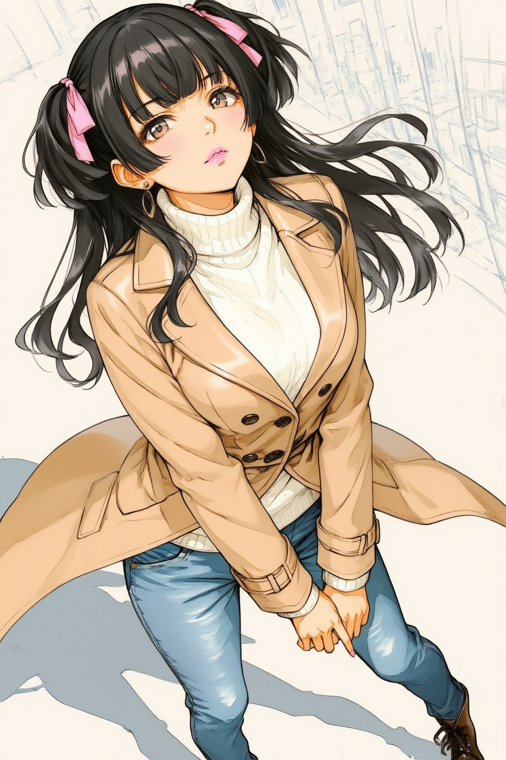 nijiwatercolor6z illustration. High-angle overhead view of a young woman with long black hair tied into twin ponytails wit...