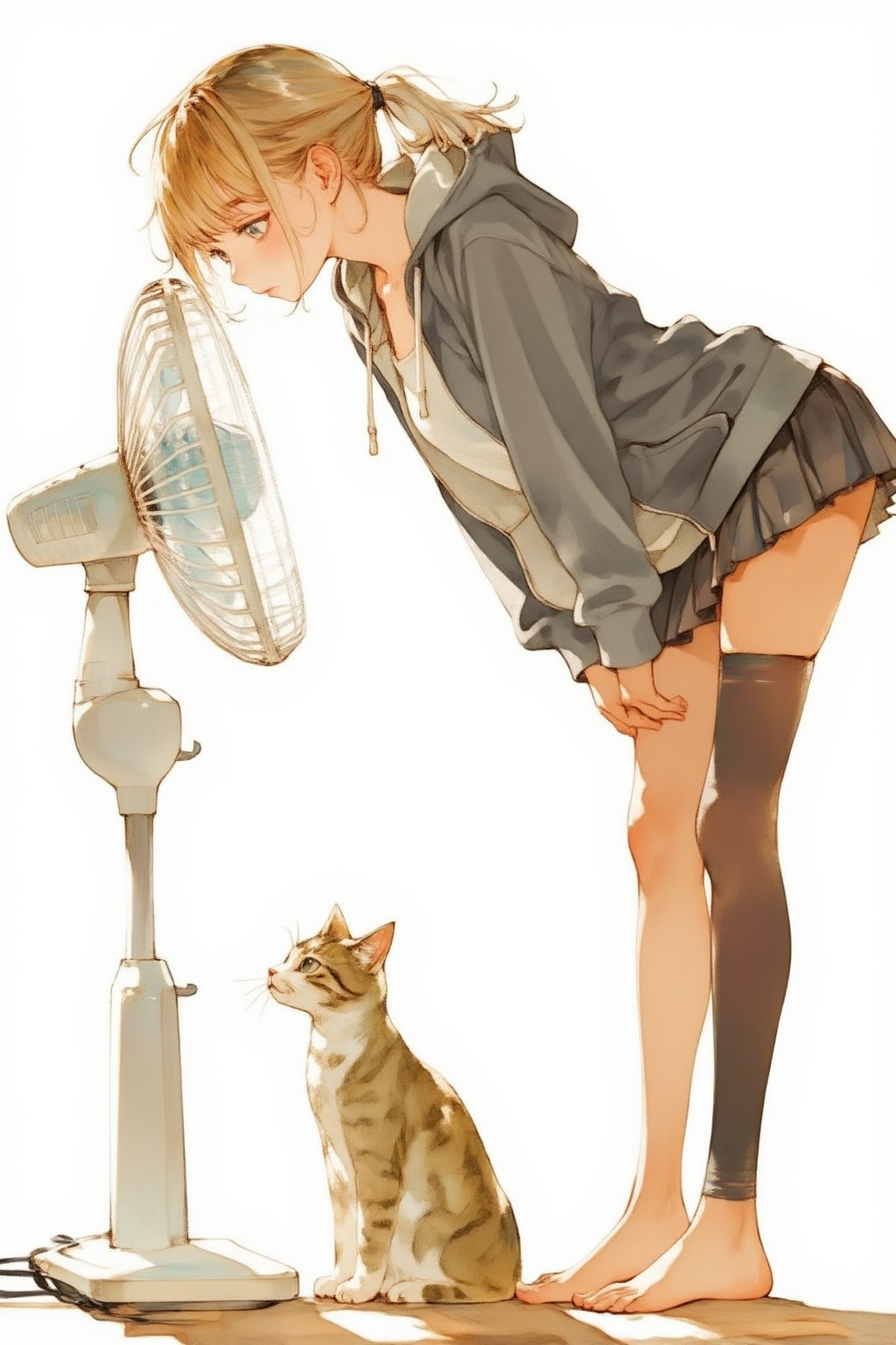 nijiwatercolor6z illustration. A young woman,  shown in side profile,  with blonde hair tied into a ponytail on Tensor.Art