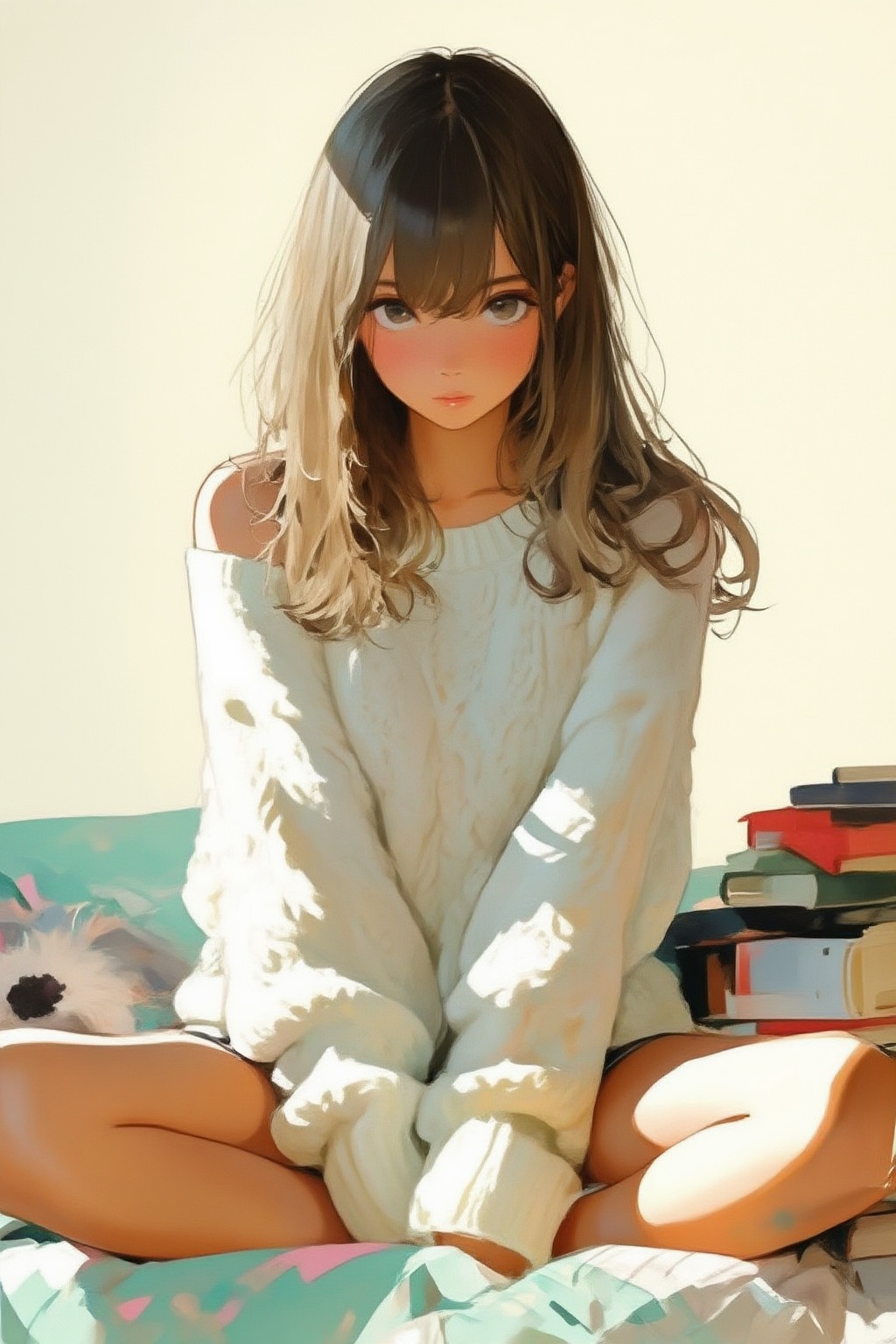 nijiwatercolor6z illustration. A young woman is sitting cross-legged on a bed. She is wearing a large,  white,  knitted sw...