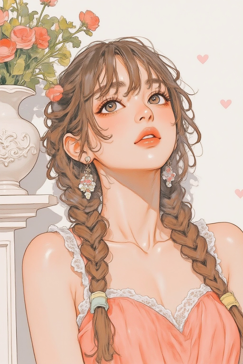 nijiwatercolor6z illustration. A young woman with long,  wavy brown hair styled in two braids. She is looking slightly upw...