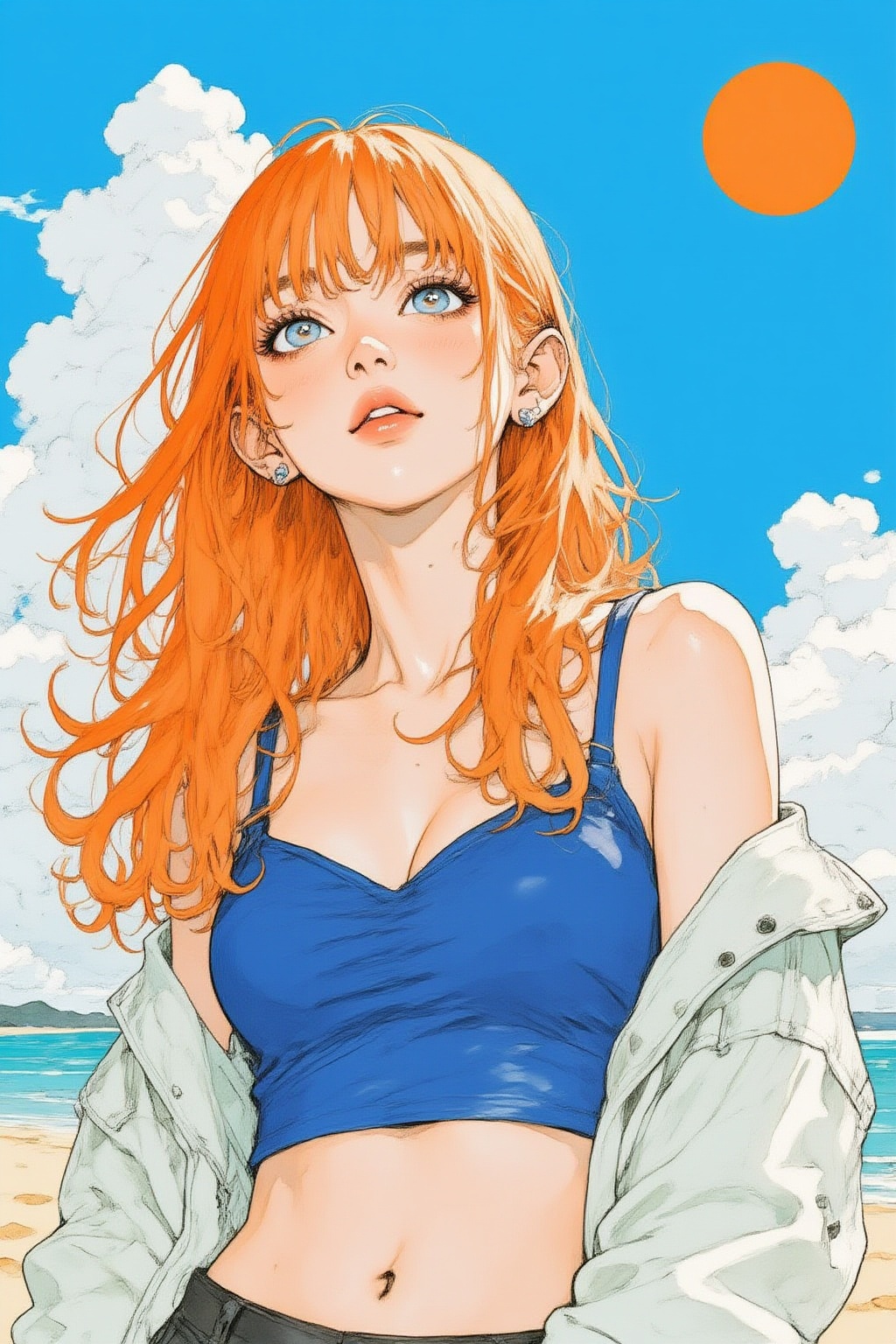 nijiwatercolor6z illustration. Low-angle view of a young woman standing on a beach. She has long,  flowing orange hair and...