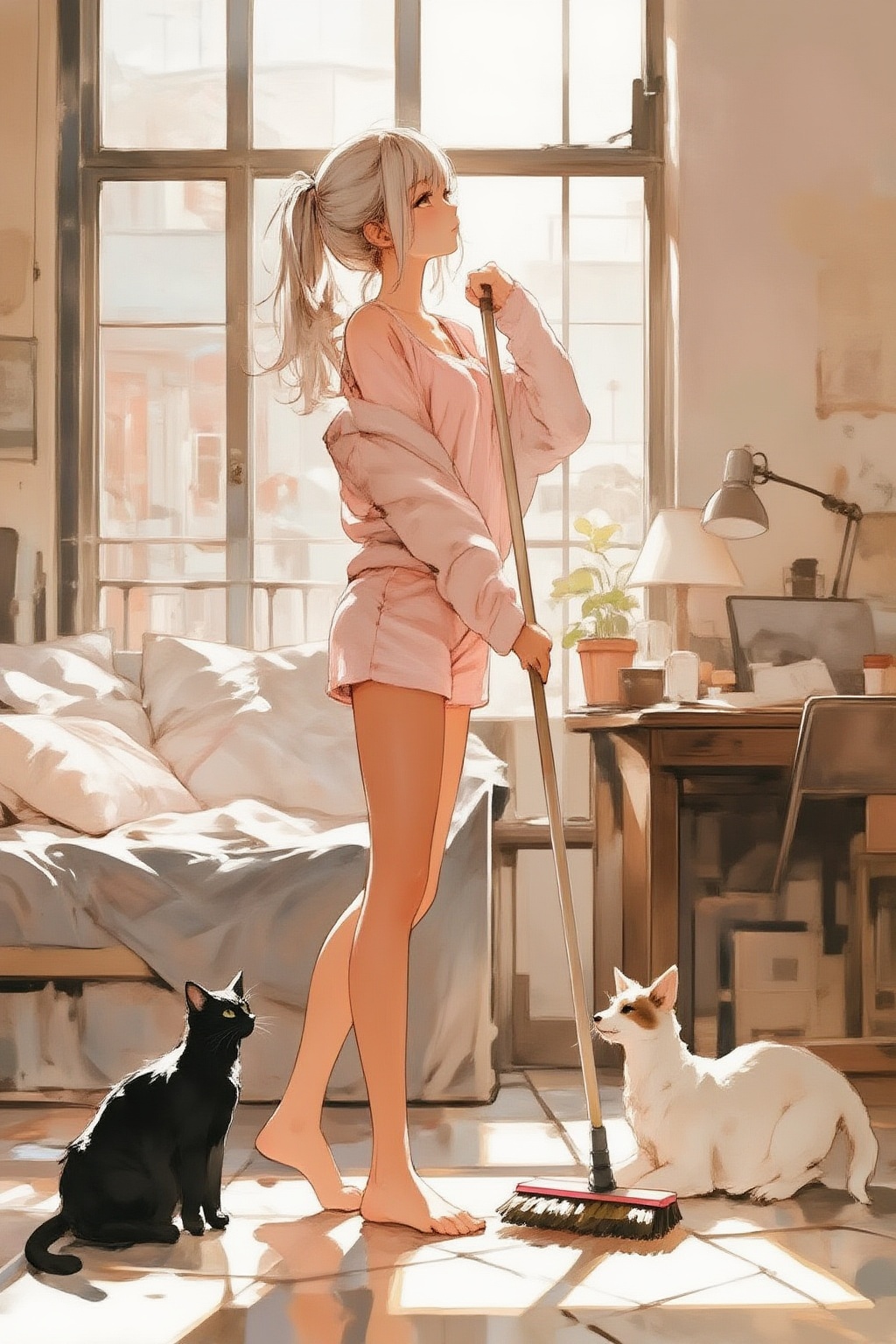 nijiwatercolor6z illustration. A young woman is standing in a sunlit room,  holding a broom. She is dressed in a light pin...