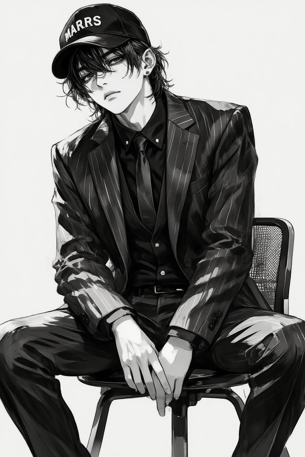 nijiwatercolor6z illustration. Black-and-white low-angle view of a young man with a sharp jawline and dark,  wavy hair sit...