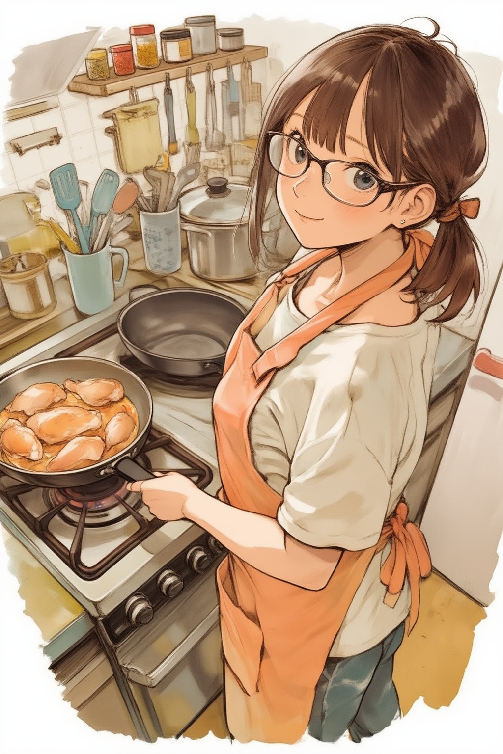 nijiwatercolor6z illustration. High-angle overhead view of a girl standing in a kitchen,  wearing an orange apron and glas...