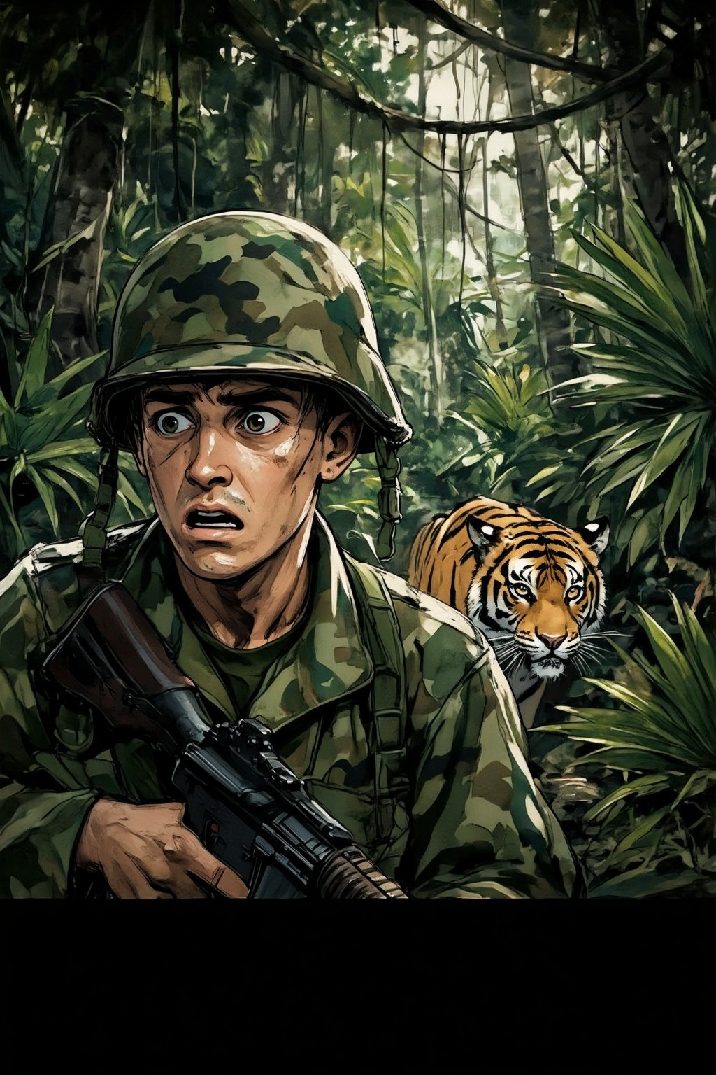 nijiwatercolor6z illustration. Close-up face of an American Marine in Vietnam,  featuring a dense,  lush environment with...