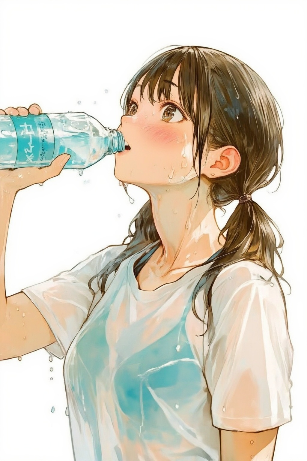 nijiwatercolor6z illustration. A young woman is drinking from a transparent blue water bottle. She has wet hair tied into...
