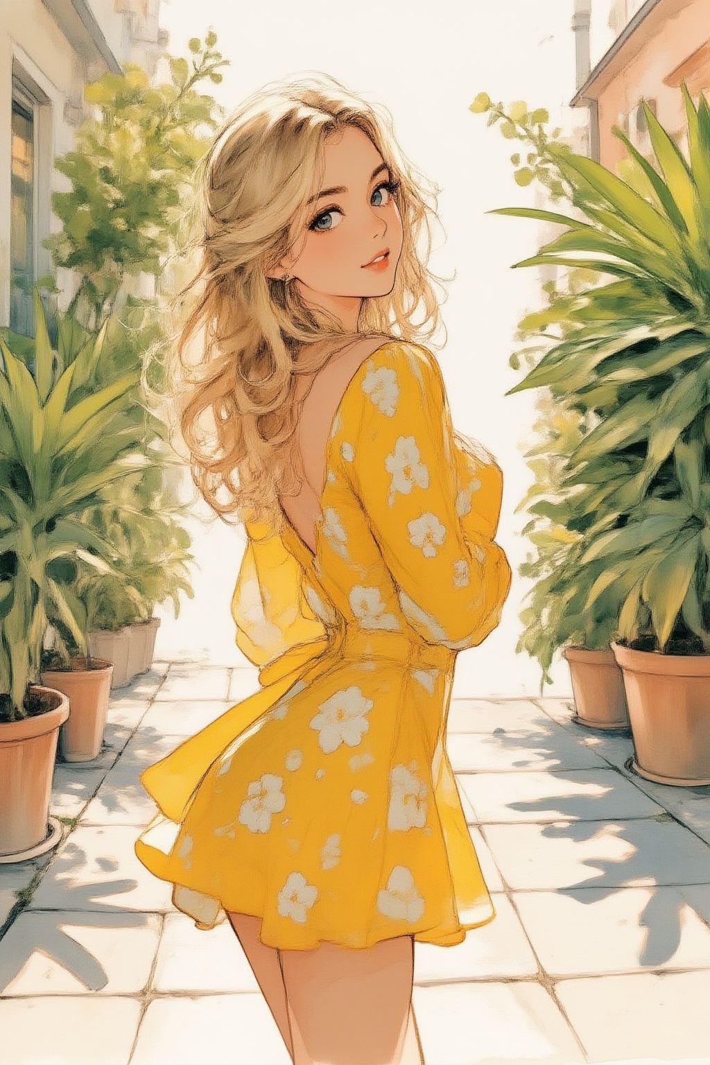 nijiwatercolor6z illustration. A young woman with long,  wavy blonde hair,  wearing a yellow dress adorned with white flor...